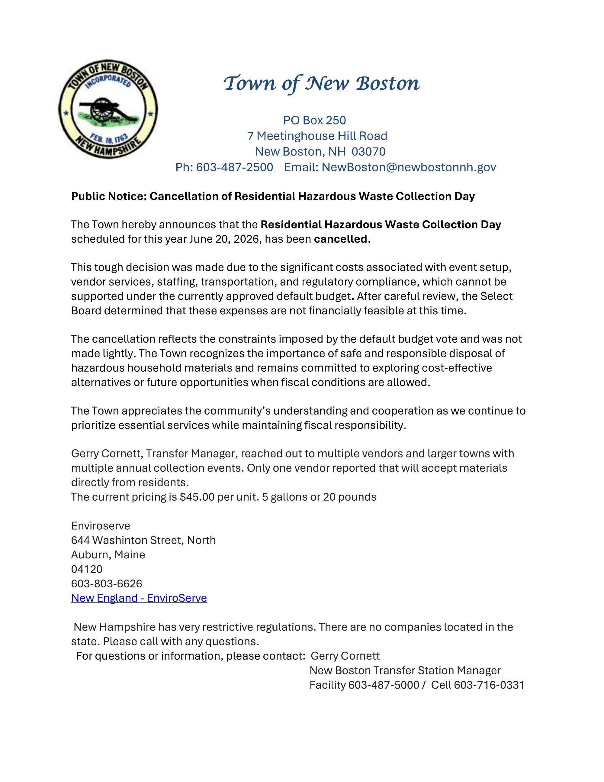 Hazardous Waste Collection Day scheduled for June 20, 2026 has been cancelled Hazardous Waste Collection Day scheduled for June 20, 2026 has been cancelled